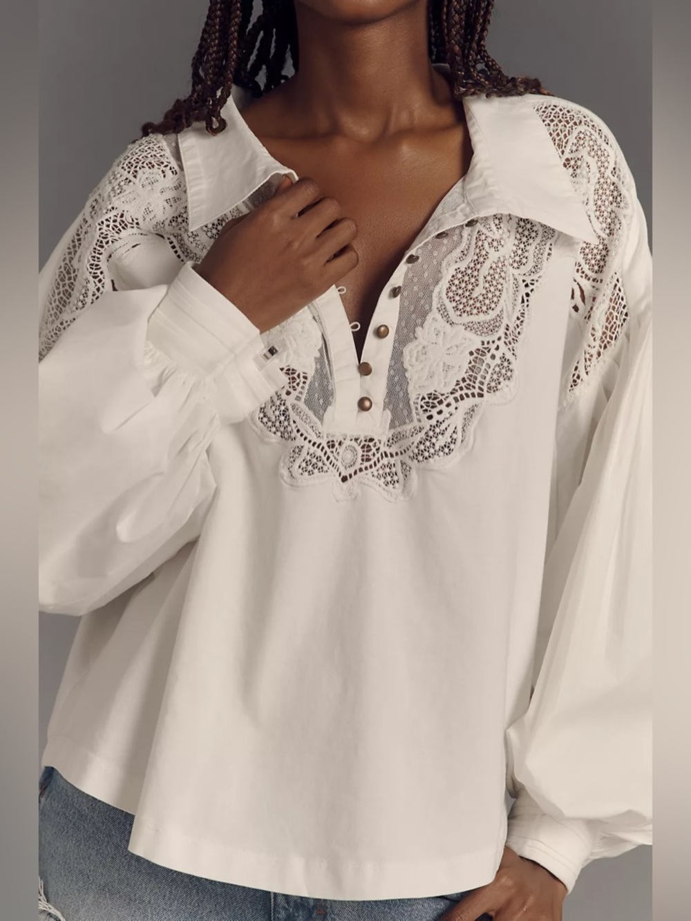 Maeve Anthropologie Balloon-Sleeve Collared Yoke Top white size L - Picture 3 of 12